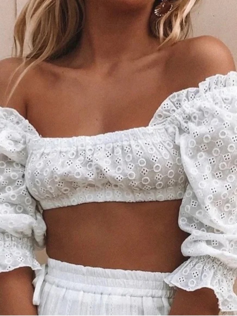 Polly White Eyelet Puff-Sleeve Crop Top